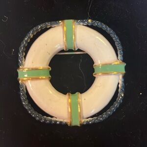 Vintage Goldtone White Blue Green Enamel Life Preserver Ring Nautical Brooch Pin
